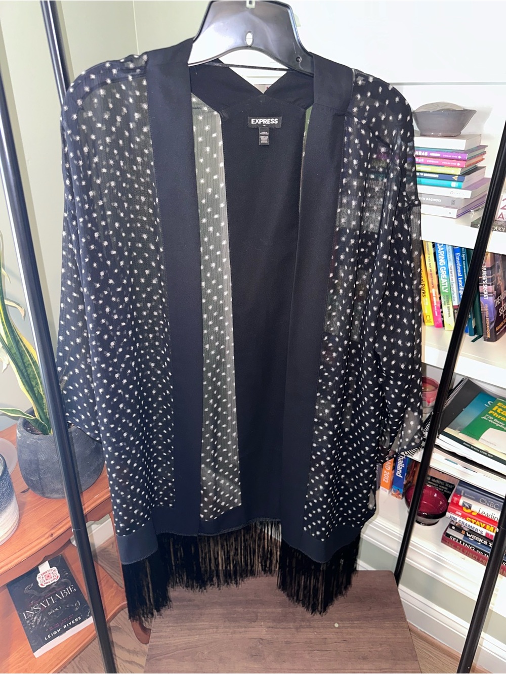 Express Black Sheer Polka Dot Fringe Kimono Coverup